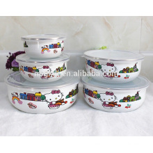 5 pc enamel bowl with PE lids & cute kitty enamel ice bowl